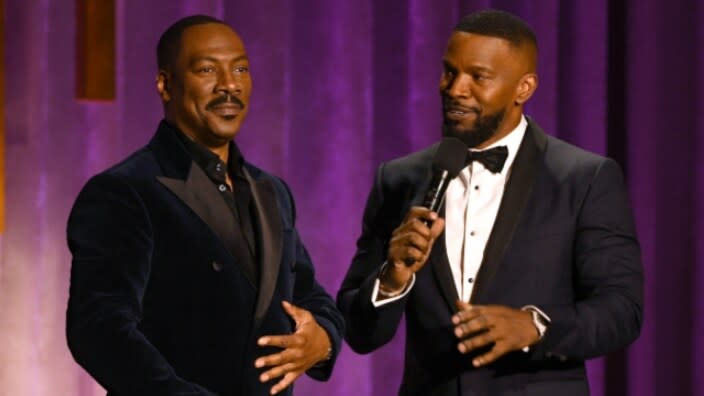 Eddie Murphy and Jamie Foxx speak onstage during the Academy Of Motion Picture Arts And Sciences’ 11th Annual Governors Awards at The Ray Dolby Ballroom at Hollywood & Highland Center on October 27, 2019, in Hollywood, California. (Photo by Kevin Winter/Getty Images)