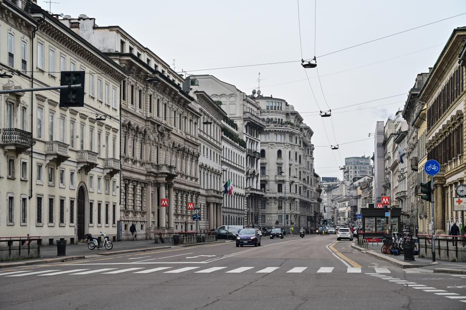 A view shows the deserted Corso Venezia main street on March 10, 2020 in downtown Milan. (Credit: Miguel Medina/AFP)