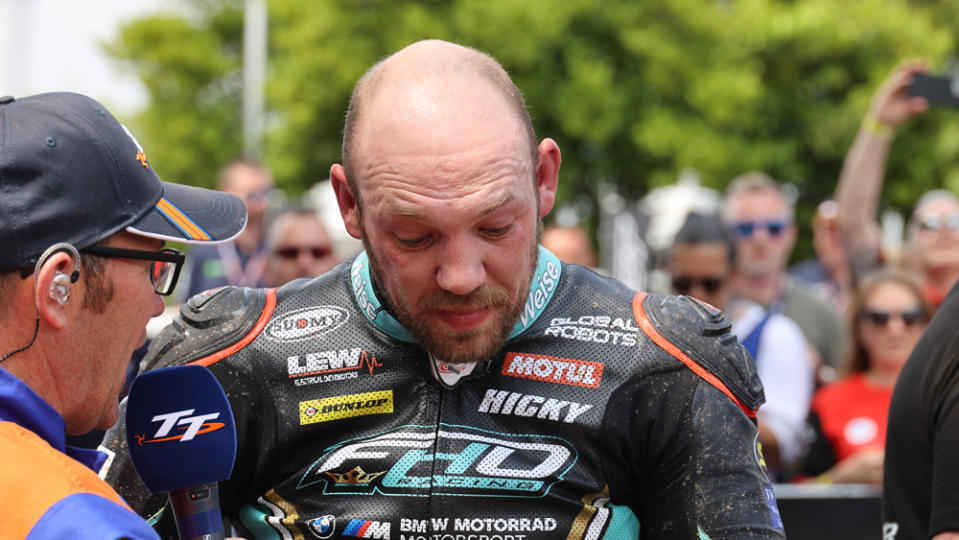 Racer Peter Hickman after winning the Senior TT at the 2023 Isle of Man TT motorcycle competition.