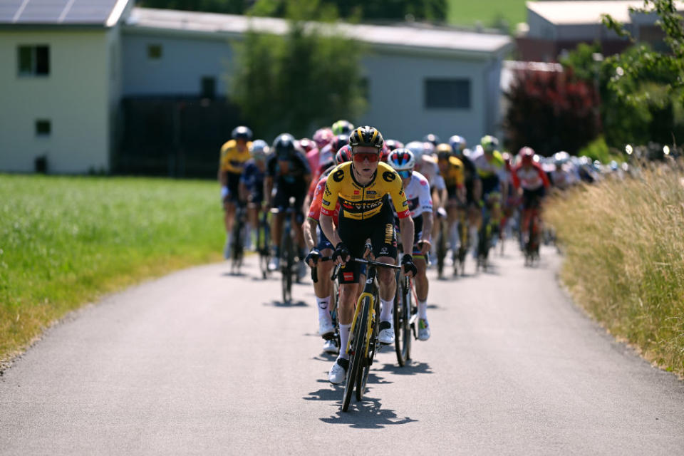 NOTTWIL SWITZERLAND  JUNE 12 Sam Oomen of The Netherlands and Team JumboVisma leads the peloton during the 86th Tour de Suisse 2023 Stage 2 a 1737km stage from Beromnster to Nottwil  UCIWT  on June 12 2023 in Nottwil Switzerland Photo by Dario BelingheriGetty Images