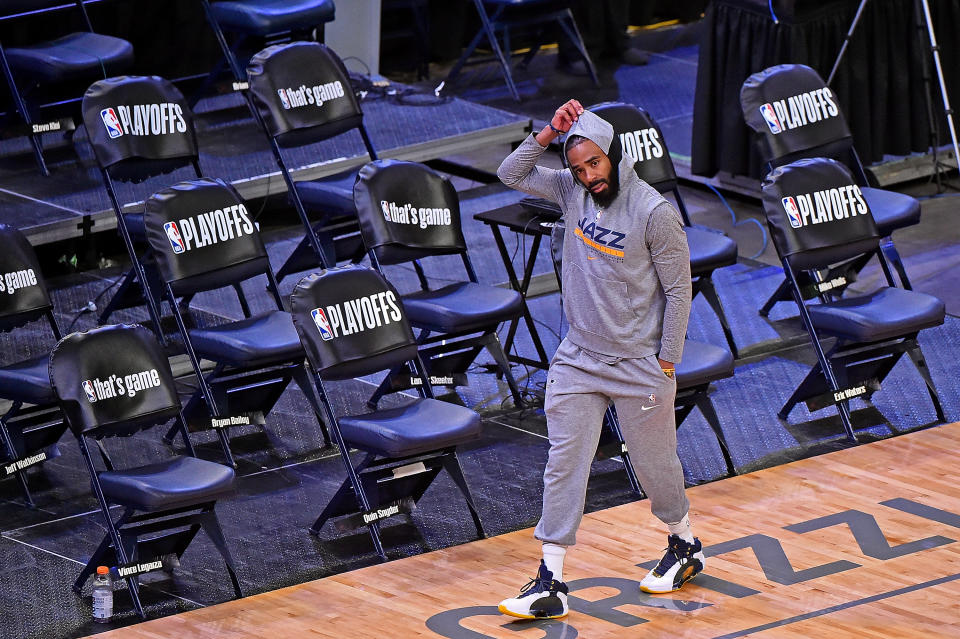 MEMPHIS, TENNESSEE - MAY 29: Mike Conley #10 of the Utah Jazz before the game against the Memphis Grizzlies of Round 1, Game 3 of the 2021 NBA Playoffs on May 29, 2021 at FedExForum in Memphis, Tennessee. NOTE TO USER: User expressly acknowledges and agrees that, by downloading and or using this photograph, User is consenting to the terms and conditions of the Getty Images License Agreement. (Photo by Justin Ford/Getty Images)