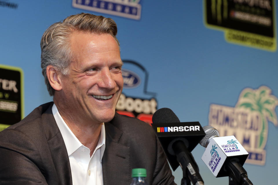 NASCAR President Steve Phelps speaks during a news conference before the NASCAR Cup Series Championship auto race at the Homestead-Miami Speedway, Sunday, Nov. 18, 2018, in Homestead, Fla. (AP Photo/Terry Renna)