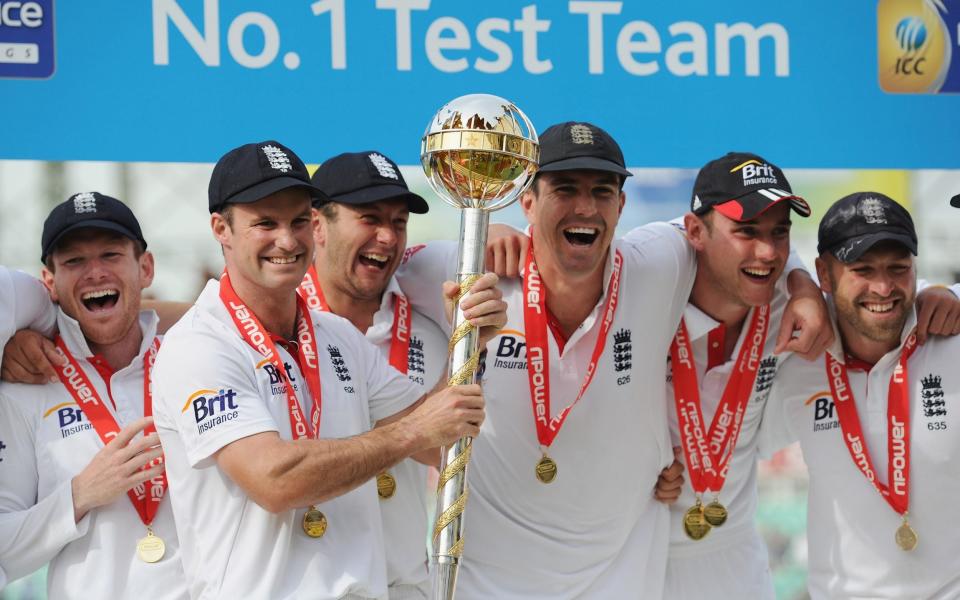 Andrew Strauss of England celebrates the series victory with the ICC Test Championship Mace at the Oval