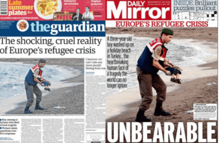 <span class="caption">Scenes from a tragedy: the body of three-year-old Aylan Kurdi made front pages around the world.</span>