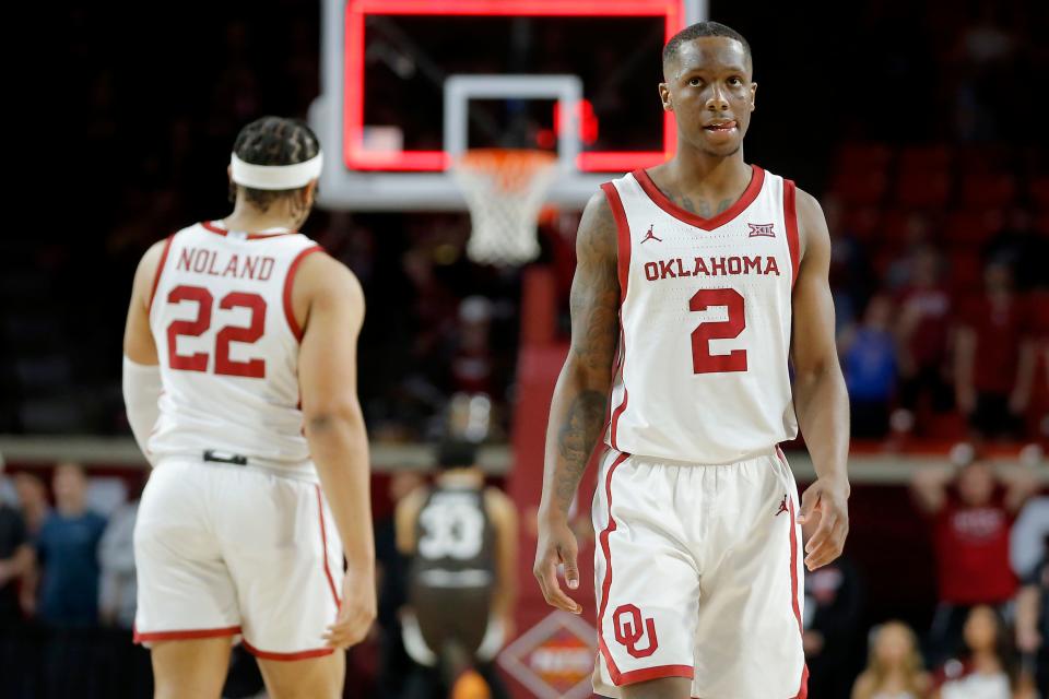 Oklahoma's Umoja Gibson (2) walks off the court after a men's college basketball game between the University of Oklahoma Sooners (OU) and St. Bonaventure at Lloyd Noble Center in Norman, Okla., Sunday, March 20, 2022. St. Bonaventure won 70-68. 