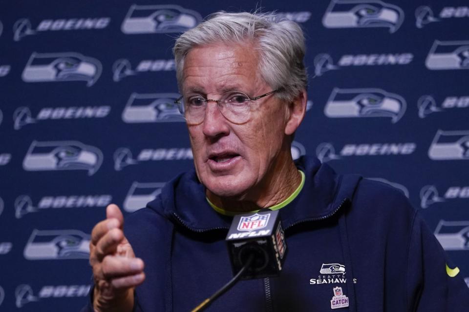 Seattle Seahawks head coach Pete Carroll speaks during a news conference following an NFL football game against the Cincinnati Bengals, Sunday, Oct. 15, 2023, in Cincinnati. (AP Photo/Carolyn Kaster)