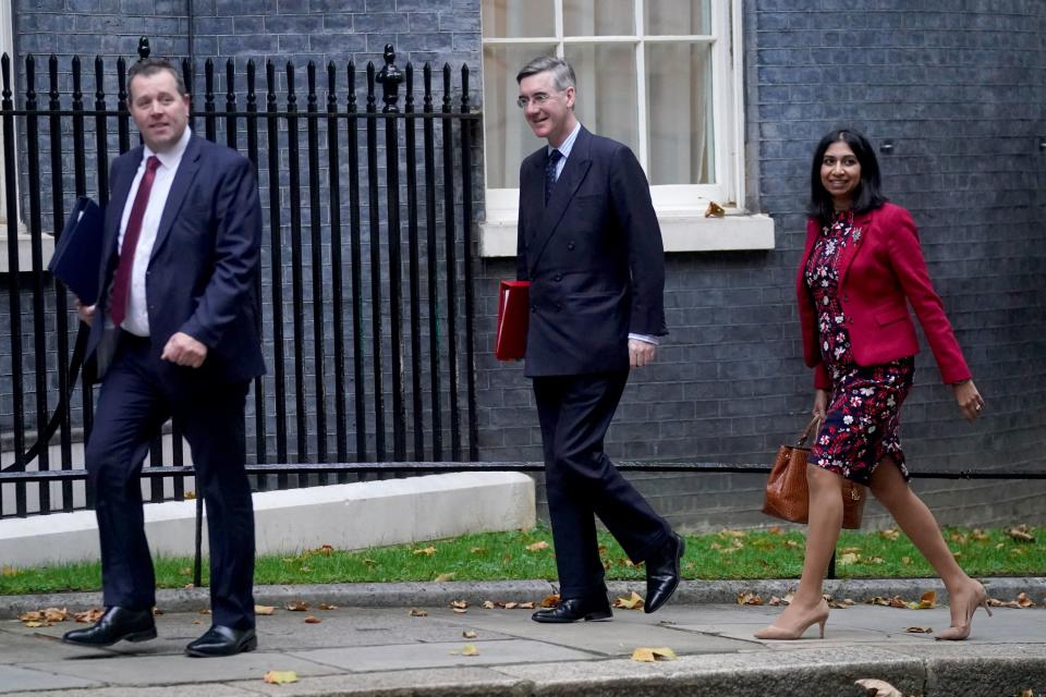 Chief Whip Mark Spencer, Leader of the House of Commons Jacob Rees-Mogg and Attorney General Suella Braverman (left to right) (PA)