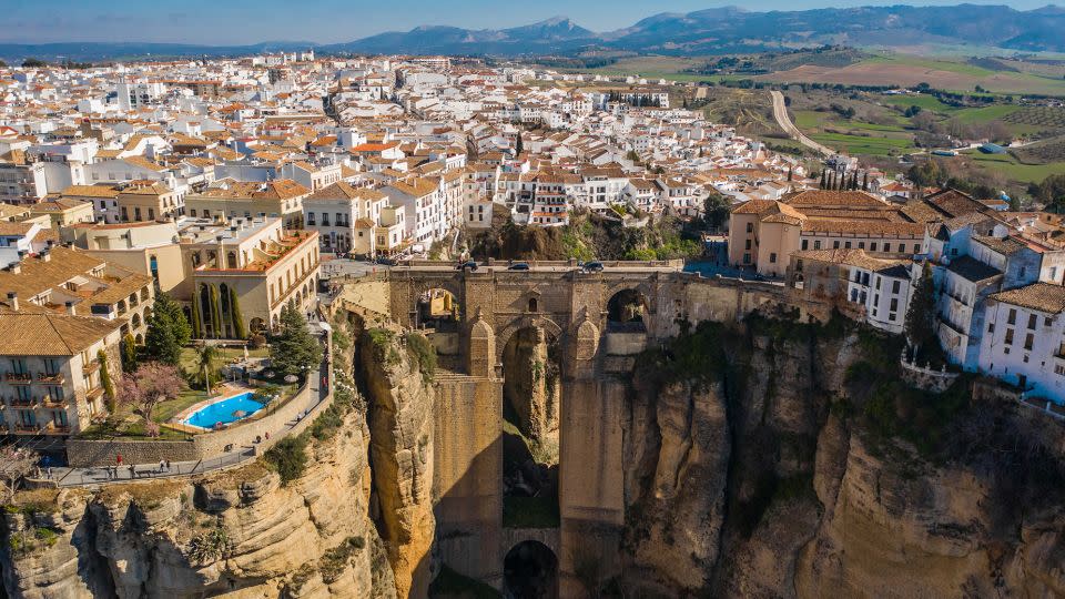 An aerial view of Puente Nuevo in Ronda, the town that stole the hearts of US couple Jason Luban and Selena Medlen. - Medvedkov/iStockphoto/Getty Images