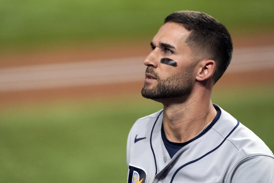 ARLINGTON, TX - OCTOBER 27: Kevin Kiermaier reacts after striking out in the top of the fourth inning of Game 6 of the 2020 World Series between the Los Angeles Dodgers and the Tampa Bay Rays at Globe Life Field on Tuesday, October 27, 2020 in Arlington, Texas. (Photo by Cooper Neill/MLB Photos via Getty Images)