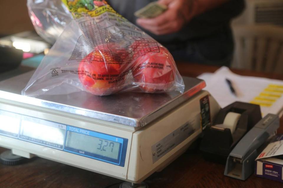 Bagged nectarines sit atop a scale at Symms Fruit Ranch in Caldwell.