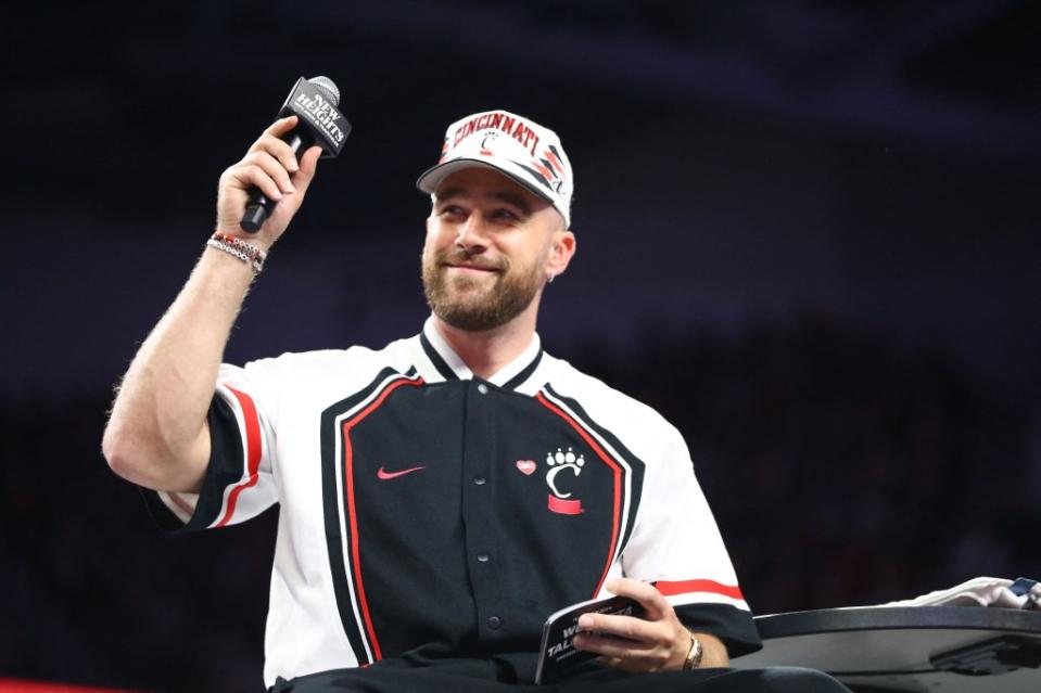 On April 11, Travis Kelce (and his brother, Jason, not pictured) were surprised in Cincinnati at an event. I. Marley/Cincinnati Athletics / MEGA