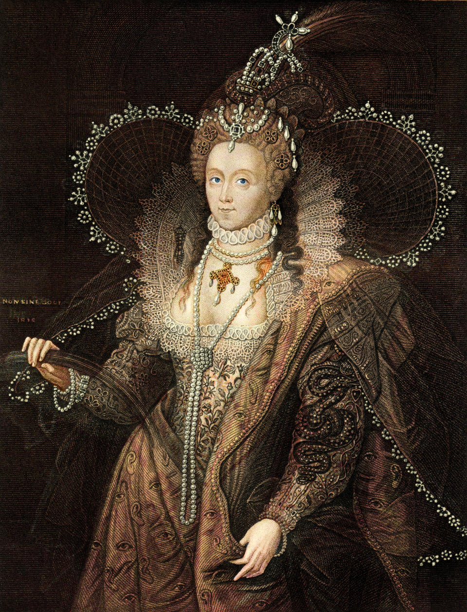 Vintage engraving of Queen Elizabeth the First of England reigned from 1558 to 1603.  She was also known as The Virgin Queen, Gloriana, or Good Queen Bess. This engraving is based on the famous Rainbow portrait of the Queen painted in 1600. Note engraving from  1855 photo and colour work by by D Walker