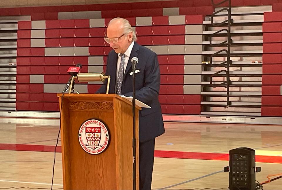 St. Bernard Head of School Donald Macrino speaking during a ceremony Wednesday where the Diocese of Norwich and the Mohegan Tribe discussed the return of ancestral land to the Mohegans, and the future of the school.