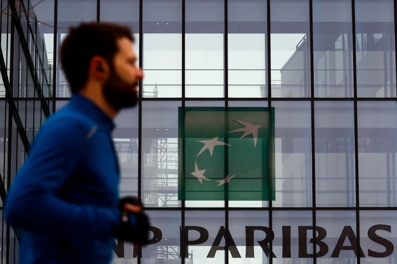 Logo of BNP Paribas on a building in Issy-les-Moulineaux, near Paris