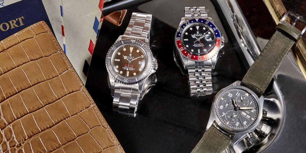 wristwatches, timepieces the patek philippe nautilus, rolex cosmograph daytona, and rolex sea dweller shown here will be on view at the new york watch auction at phillips on june 9 patek philippe nautilus 5711 1a circa 2021, rolex cosmograph daytona 116520 circa 2003, and rolex sea dweller 1665 double red with mark ii dial circa 1967, prices upon request phillipscom private collector’s rolex gmt master i 16750 circa 1987, courtesy of phillips pilot’s watch chronograph spitfire, $5,950 iwccom for additional credits, see the sourcebook, page 196