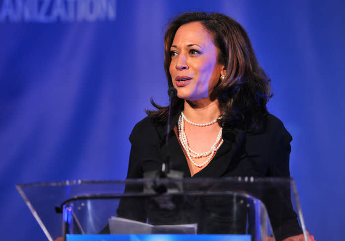 As Attorney General of California in 2012, Kamala Harris speaks onstage at a Cinema For Peace event. | Alberto E. Rodriguez/Getty Images For J/P Haitian Relief Organization and Cinema For Peace