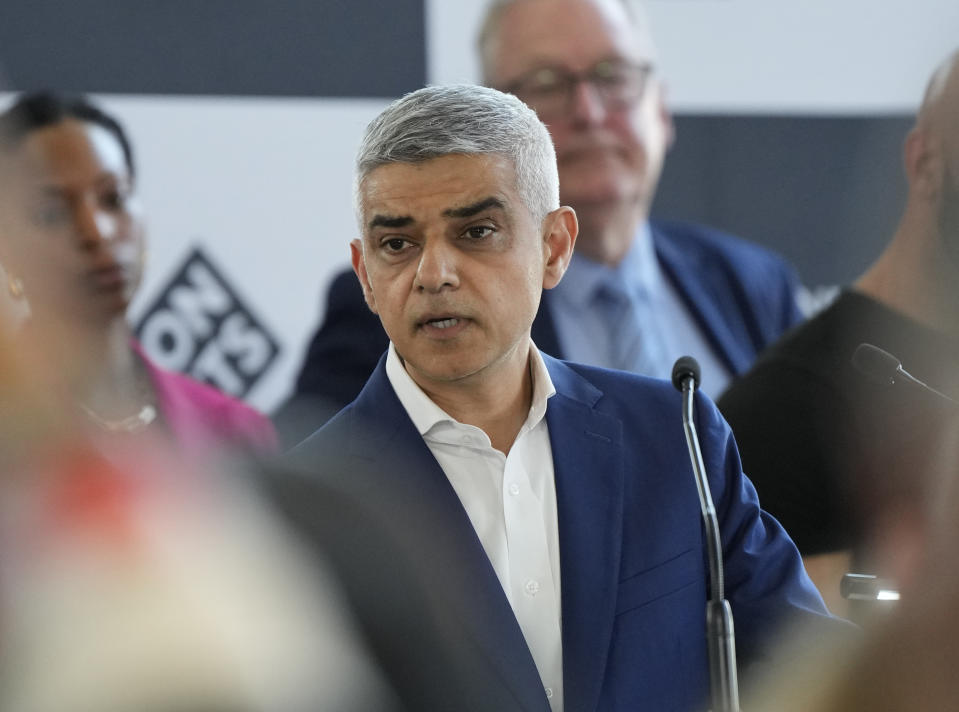 Sadiq Khan makes a speech after he is re-elected for a record third time as Mayor of London, following the counting of votes, at City Hall in London, Saturday, May 4, 2024. Khan, the Labour Party's Mayor of London, has romped to victory, securing a record third straight term at City Hall, on another hugely disappointing day for the U.K.'s governing Conservatives ahead of a looming general election. (AP Photo/Alastair Grant)