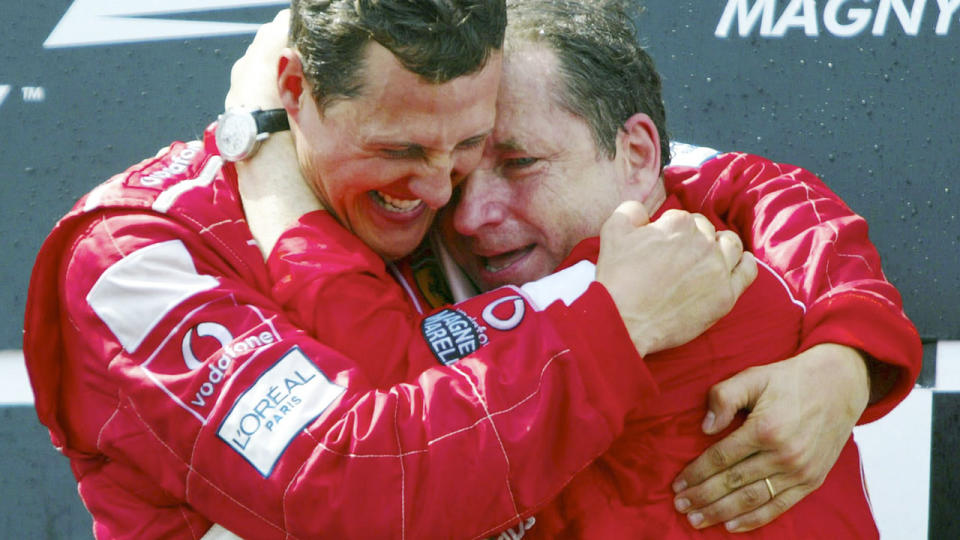 Schumacher and Todt in 2002. (Photo by Andreas Rentz/Bongarts/Getty Images)