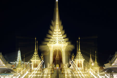 The Royal Crematorium site for the late King Bhumibol Adulyadej is seen near the Grand Palace in Bangkok, Thailand October 20, 2017. Zoomed image is taken with slow shutter speed. REUTERS/Athit Perawongmetha