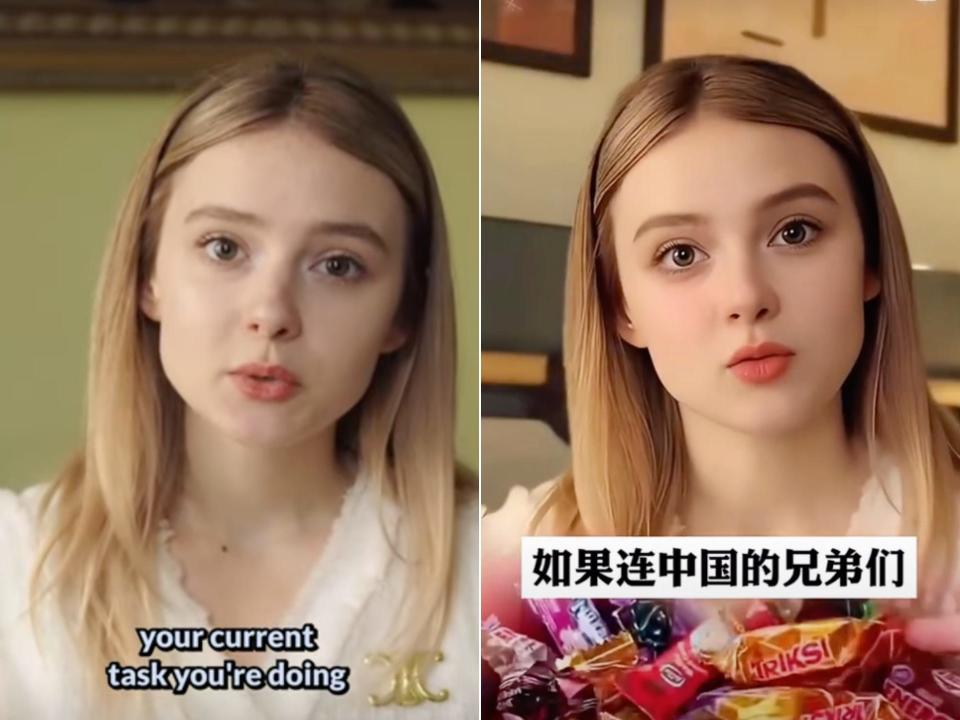 Left: Olga Loiek speaks in a YouTube Short on her channel. Right: A deepfake of Loiek tells Chinese viewers to buy Russian candies.