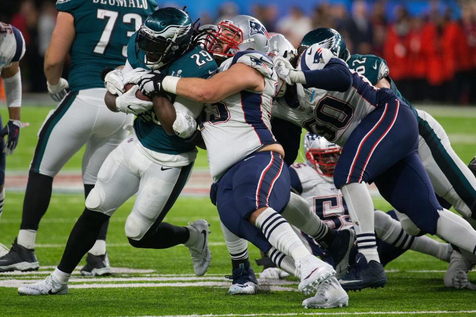 Running back LeGarrette Blount rushed for 90 yards and a touchdown against the Patriots in Super Bowl LII.