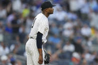 New York Yankees starting pitcher Domingo German reacts as he watches a ball hit by New York Mets' Pete Alonso for a three-run home run during the third inning of a baseball game, Tuesday, July 25, 2023, in New York. (AP Photo/Frank Franklin II)