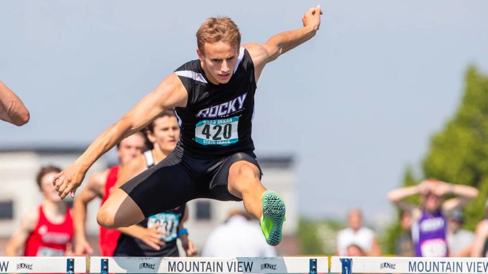 Rocky Mountain’s Crew Kelson was the 5A state champ in the 300 meters hurdles.