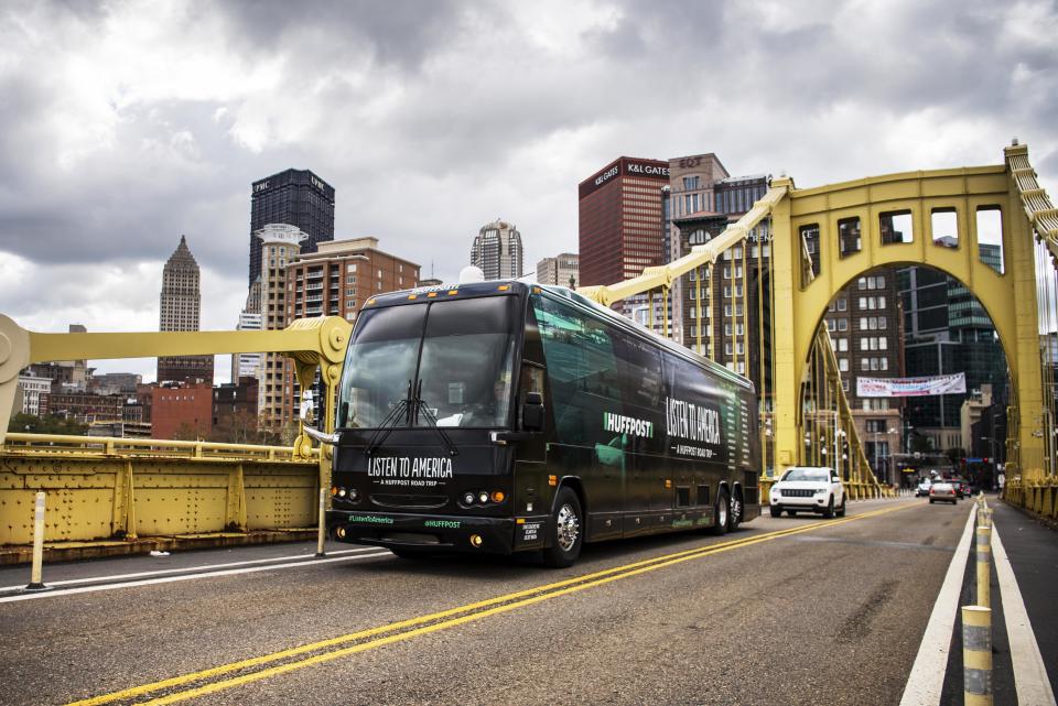 The HuffPost tour bus drives away from Pittsburgh on Saturday via the Roberto Clemente Bridge.