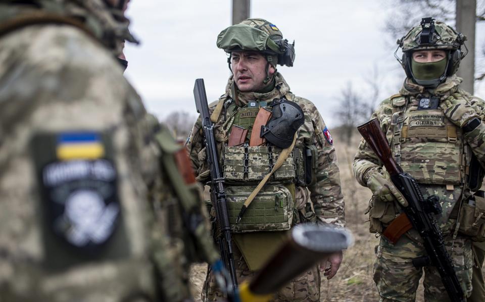 120th Independent Brigade of the Territorial Defense Forces (Battalion 120) of Ukraine conduct training exercises near the Belarus border in Chernobyl, Kyiv Oblast, Ukraine on March 16, 2024