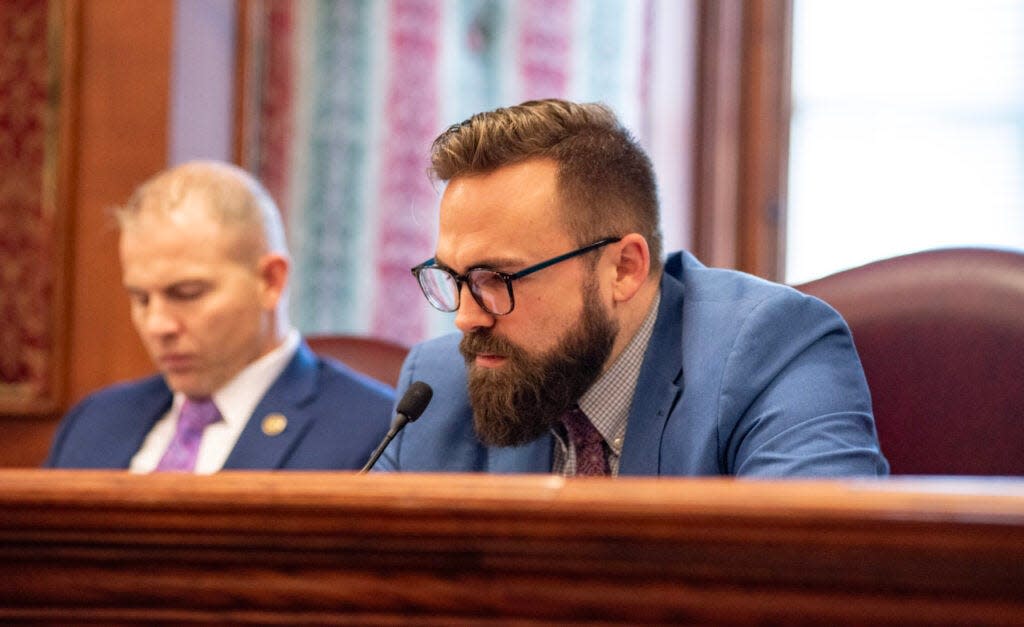 Sen. Nick Schroer, R-O'Fallon, speaks in the Senate Education and Workforce Development Committee meeting.