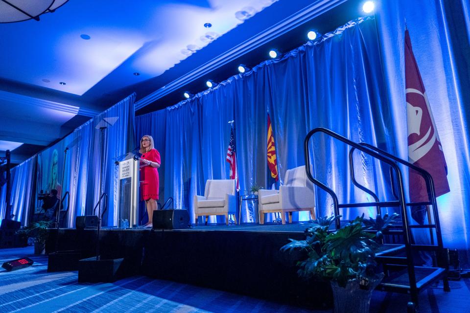 Phoenix Mayor Kate Gallego speaks during the State of the City address at the Sheraton Downtown Phoenix hotel in Phoenix on April 12, 2023.
