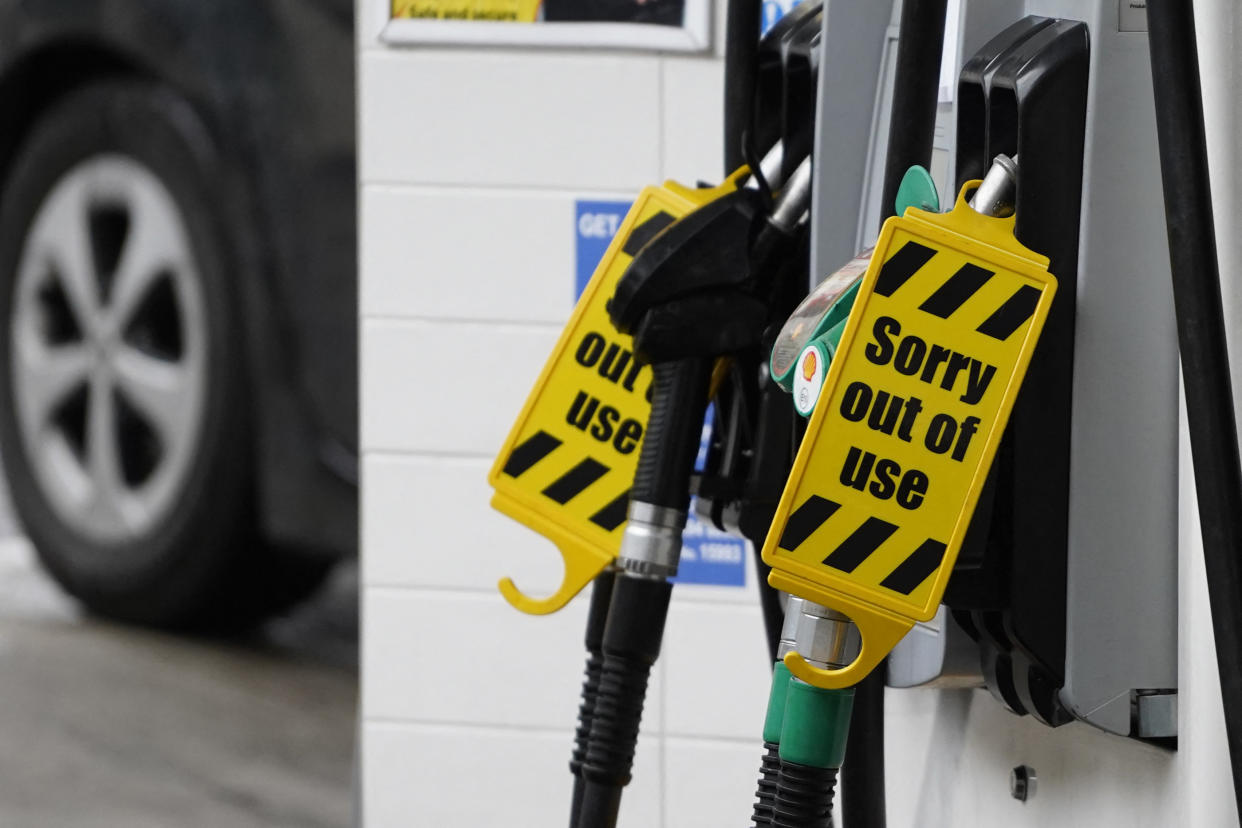 'Out of Use' signs are displayed on the fuel pumps at a filling station in Baker Street, central London, on October 2, 2021. - Troops are expected to be deployeed within days to help ease the crisis, with Prime Minister Boris Johnson insisting this week that the situation was returning to normal. (Photo by Niklas HALLE'N / AFP) (Photo by NIKLAS HALLE'N/AFP via Getty Images)