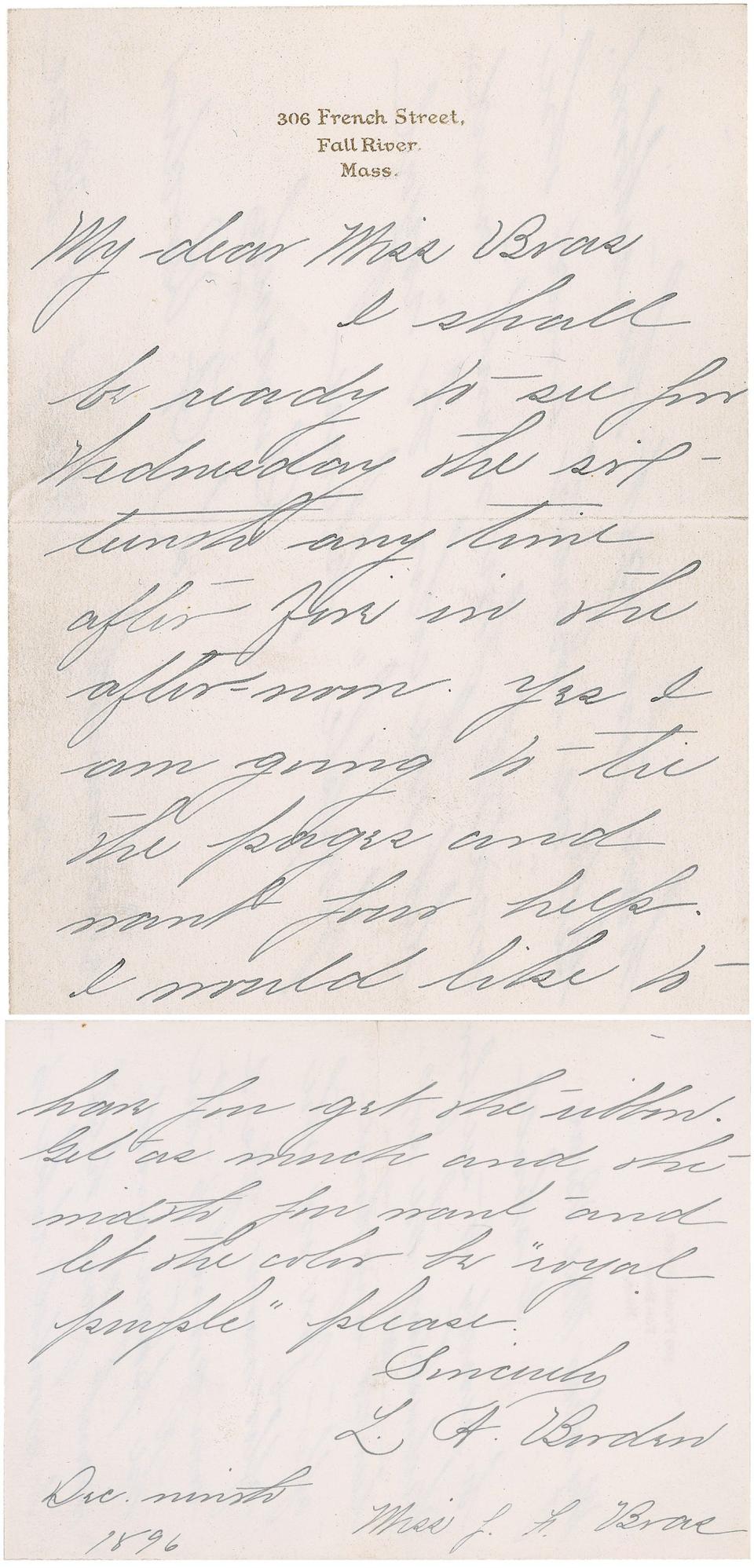 An 1896 letter from Lizzie Borden to a Miss Jennie F. Bras is up for auction by Boston-based RR Auctions.