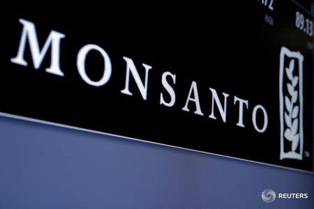 FILE PHOTO - Monsanto logo is displayed on a screen where the stock is traded on the floor of the New York Stock Exchange (NYSE) in New York City, U.S. on May 9, 2016. REUTERS/Brendan McDermid/File Photo