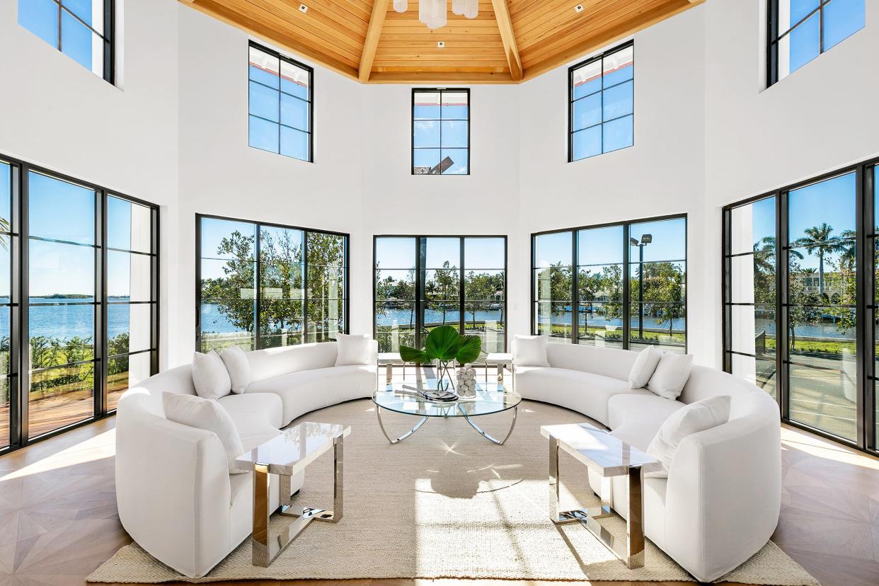 The octagonally shaped tennis pavilion is on the far west side of the house, overlooking the tennis court at 10 Tarpon Island in Palm Beach.