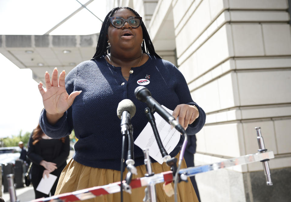 WASHINGTON, DC - SEPTEMBER 16: Talia Cadet, TikTok creator and advocate, speaks to reporters outside of the U.S. Court of Appeals hears oral arguments in the case TikTok Inc. v. Merrick Garland on September 16, 2024 in Washington, DC. TikTok and a group of its creators have filed an appeal of a law signed by U.S. President Joe Biden which forces ByteDance, TikTok's parent company, to divest control of TikTok, after the FBI designated the hugely popular Chinese app as a national security risk, by January 19th to avoid a nationwide ban.  (Photo by Kevin Dietsch/Getty Images)