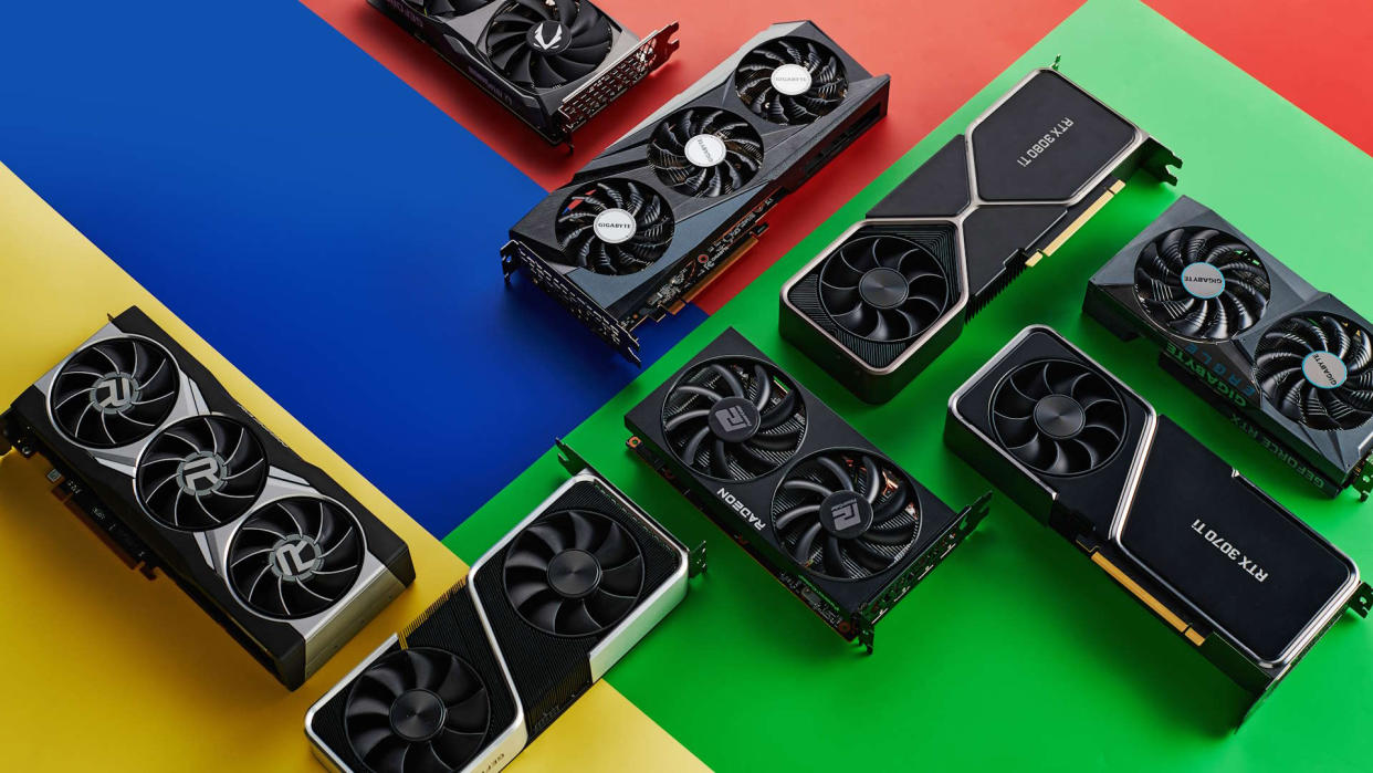 Selection of graphics cards on a multicoloured background. 