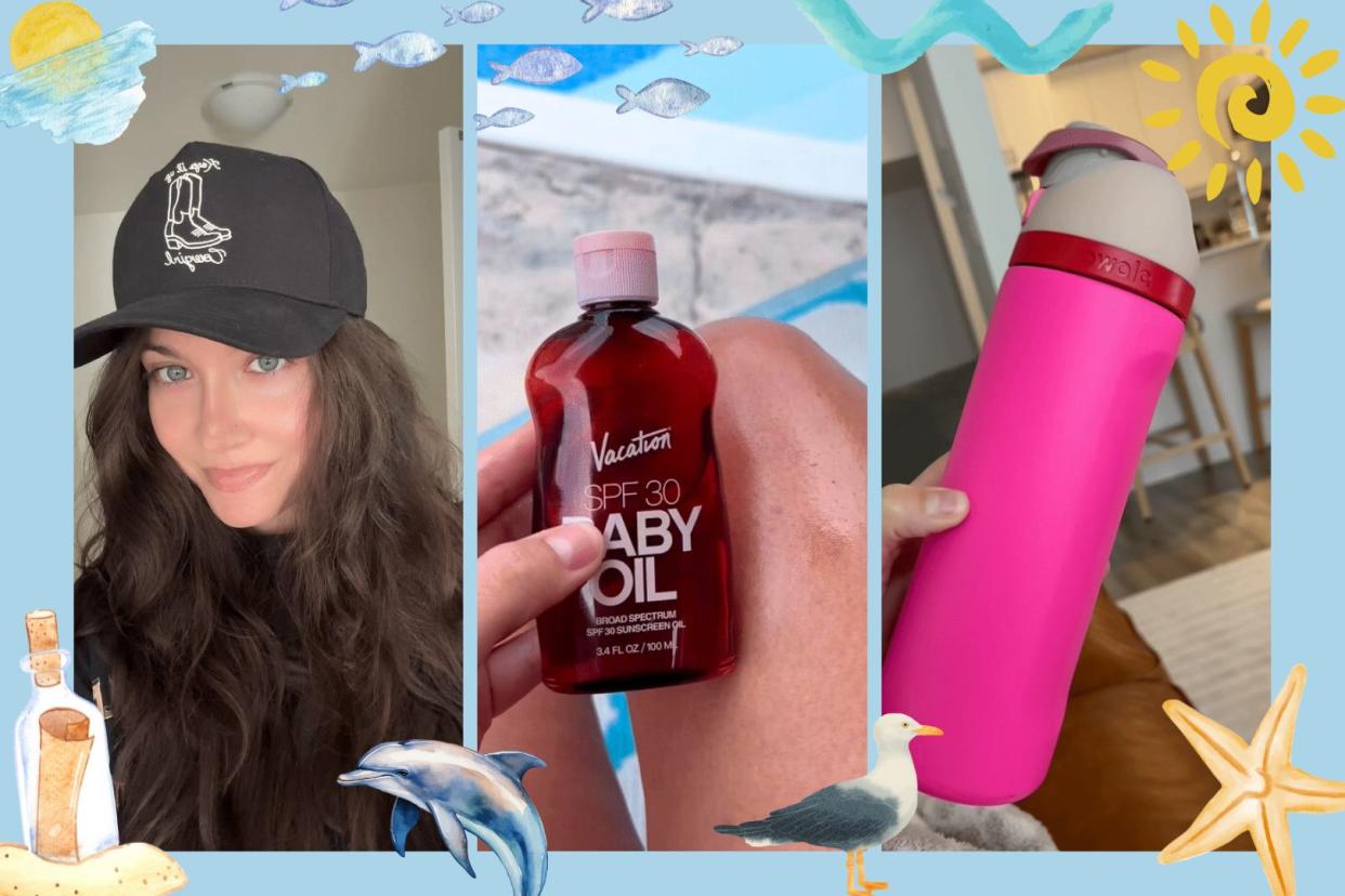 someone wearing a trucker hat for the beach, holding a baby oil sunscreen, and holding an owala water bottle