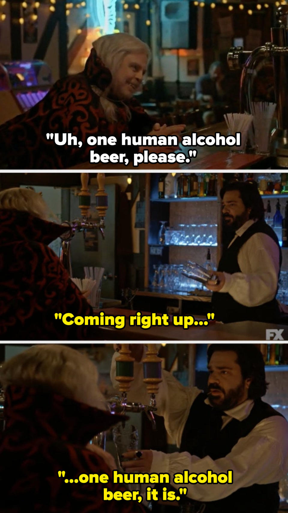 Character asking a bartender for "one human alcohol beer"