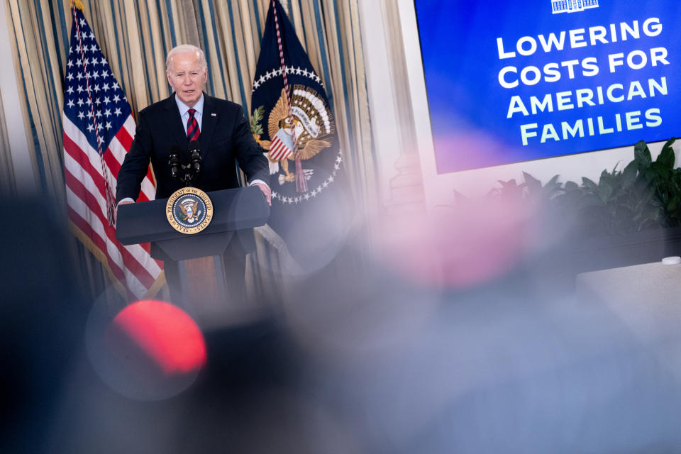 WASHINGTON, DC - MARCH 5: President Joe Biden speaks during a meeting with his Competition Council in the State Dining Room of the White House on March 5, 2024 in Washington, DC. Biden announced new economic measures during the meeting. (Photo by Nathan Howard/Getty Images)