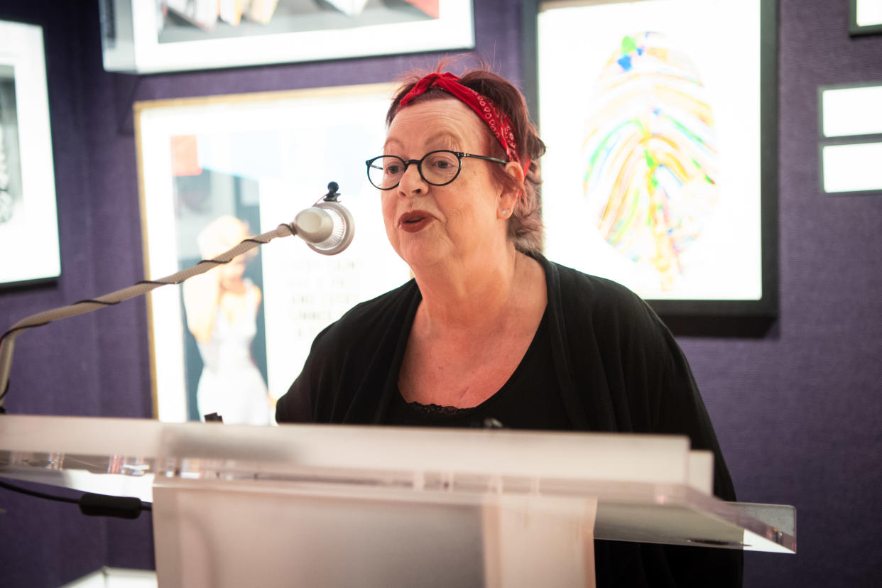 Jo Brand speaking at The Eve Appeal 'Art for Eve' Auction launch party, at Bonhams in London. The auction features 13 lots raising money for the charity, including donations from Sir Peter Blake, Grayson Perry, Howard Hodgkin and Anish Kapoor. (Photo by Matt Crossick/PA Images via Getty Images)