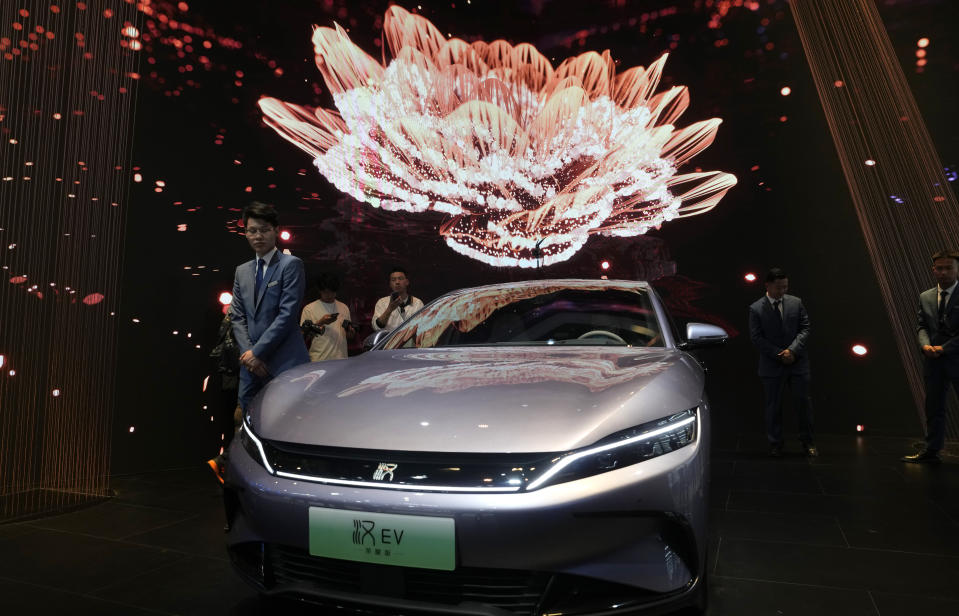 The BYD Han EV car sedan is shown during Auto China 2024 held in Beijing, Thursday, April 25, 2024. (AP Photo/Ng Han Guan)