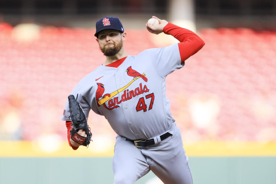 St. Louis Cardinals' Jordan Montgomery throws during the first inning of a baseball game against the Cincinnati Reds in Cincinnati, Monday, May 22, 2023. AP Photo/Aaron Doster)