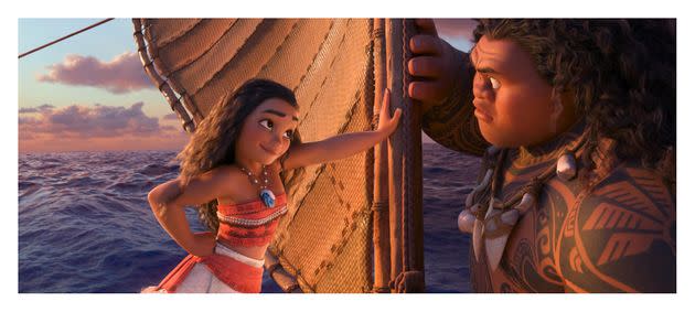 Moana (voiced by Auli'i Cravalho) and Maui (voiced by Dwayne Johnson) in Disney's 