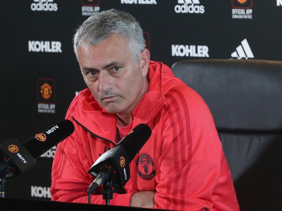 Manager Jose Mourinho of Manchester United speaks during a press conference: Man Utd via Getty Images