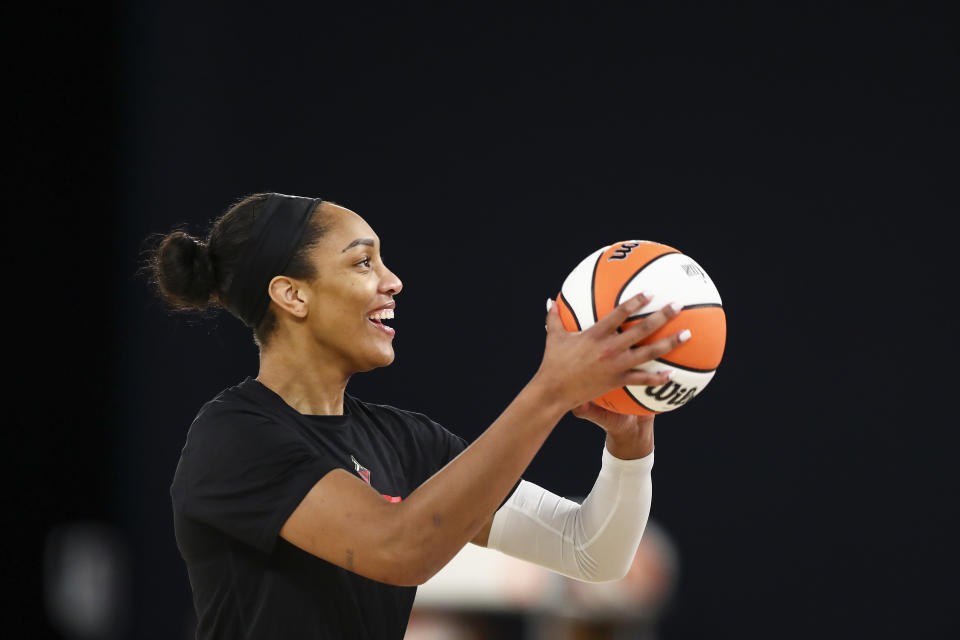 Las Vergas Aces star A'ja Wilson and Mountain Dew are teaming up to launch limited edition swag. (Photo by Meg Oliphant/Getty Images)