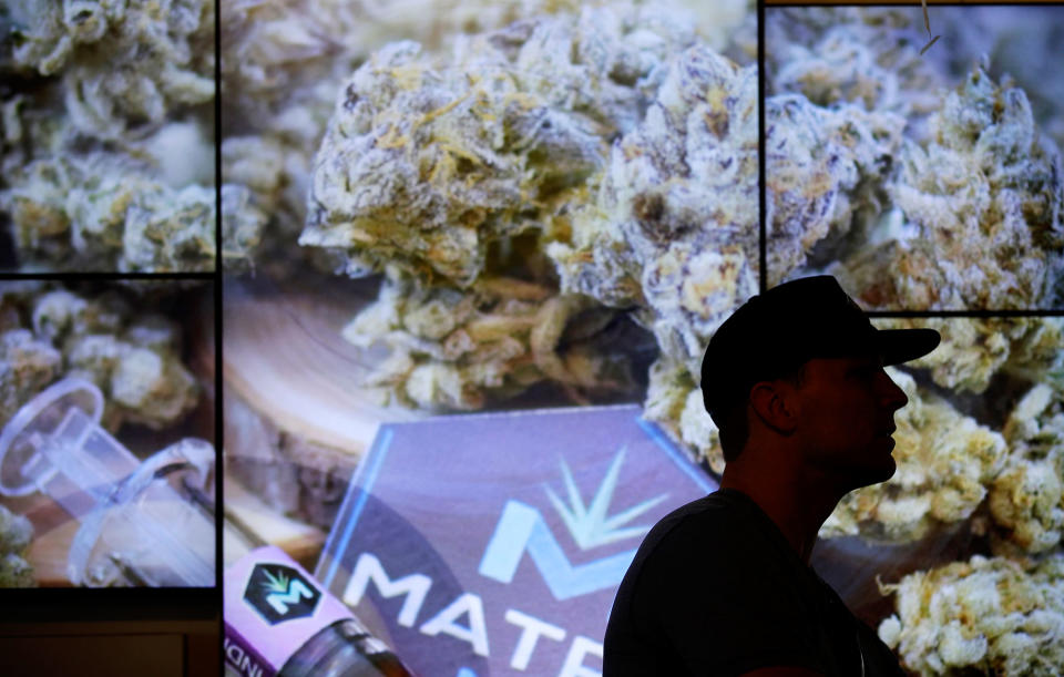 <p>A man waits in line at The Source dispensary, Saturday, July 1, 2017, in Las Vegas. (Photo: John Locher/AP) </p>