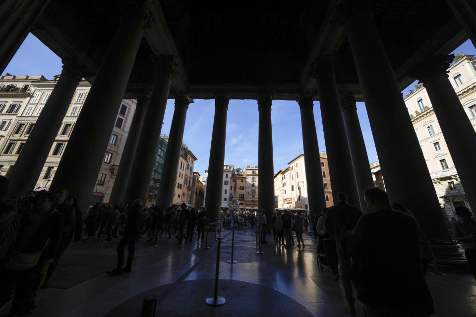 Tourists visit Rome's Pantheon in Rome, Thursday, March 16, 2023. Visitors to Rome's Pantheon, Italy's most-visited cultural site, will soon be charged a 5-euros entrance fee under an agreement signed Thursday, March 16, 2023 by Italian culture and church officials. (AP Photo/Alessandra Tarantino)