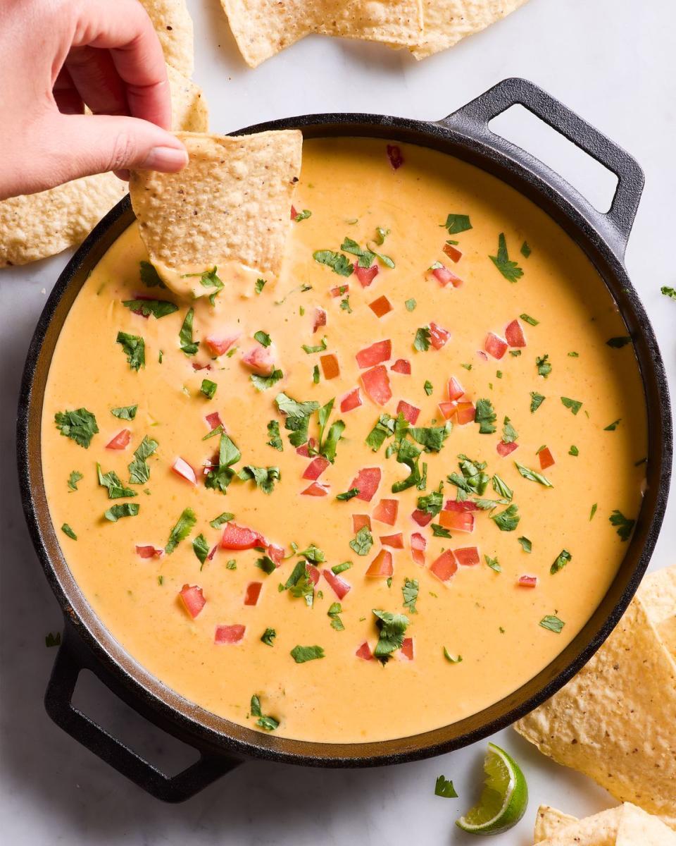 queso in a cast iron skillet with tortilla chips