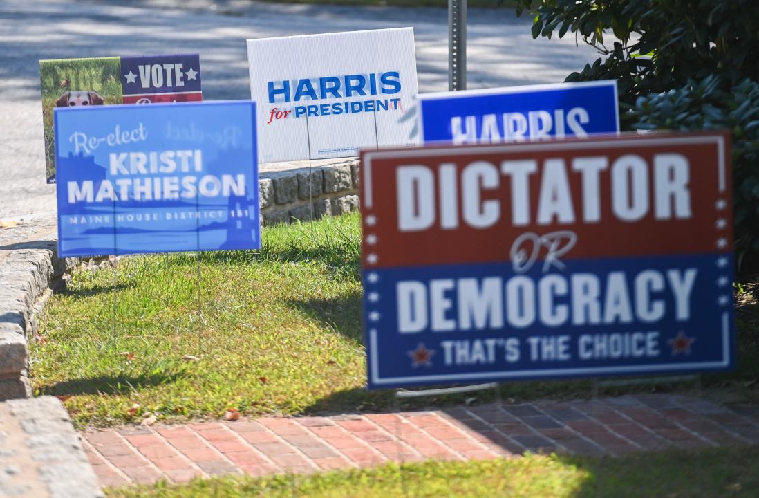 A Kamala Harris US presidential election campaign sign is displayed on a lawn in Maine, United States, on Thursday, September 5, 2024. photographer Gr